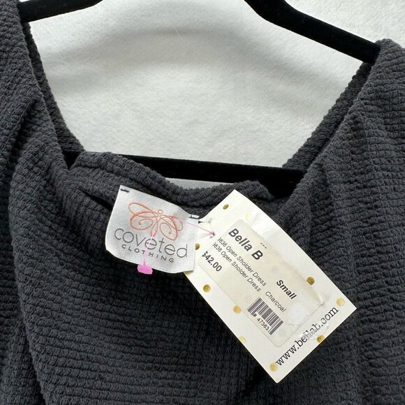 Coveted Bella B Dress Size S Ruffle Off The Shoulder Skater Mini Textured Black - Picture 9 of 13